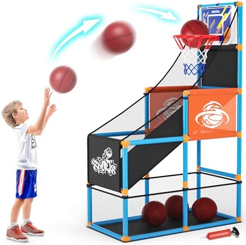 Arcade Basketball Game Set Boy Toys: Indoor Basketball Hoop with 4 Balls Outdoor Sports Toy for Kids 3-12 Years Old Adjustable Height with Air Pump Carnival Games Birthday Gifts for Boys Girls Teens