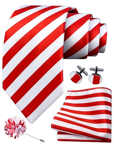 Image of GUSLESON 3.15 inch（8cm） Mens Stripe Tie and Lapel Pin Necktie Hankerchief Cufflinks Set for Men