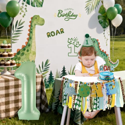 Image of Dinosaur Highchair Banner for First Birthday Party Decorations | Little Dino Roar I m One Birthday Fabric Banner for Boys Green Jungle Dinosaur High Chair Banner for 1st Bday Backdrop Decors