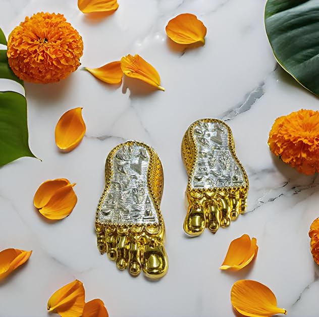 Image of Gold Art India Shri Laxmi Charan Paduka Gold & Silver Plated | Bhagyam Lakshmi Charan Idol | Maa Lakshmi Blessings Feet for Office Home Temple | Ideal for Laxmi Puja Housewarming Gifts (4.5 Inch)