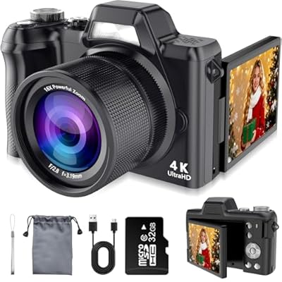 4K Digital Camera for Photography & Video, 56MP Vlogging Camera with 3" 180° Flip Screen, 16X Zoom Compact Travel Camera, Digital Cameras for Adults & Beginners with 32GB SD Card