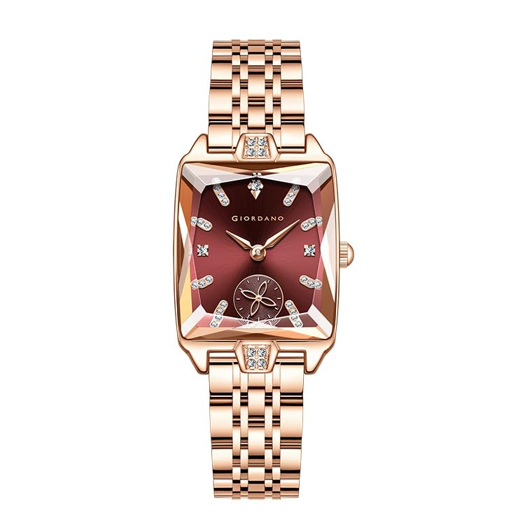Giordano Analog Watch for Women – Rectangular Dial, Crystal Hour Markers and Rose Gold Stainless Steel Strap