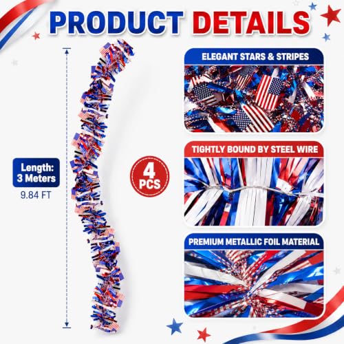 Image of Pack of 4 | 6.6 ft American Flags Tinsel Garland | Red White Blue Metallic Foil Fringe Banners Streamers for 4th of July, Memorial Day, Veterans Day, Independence Day, Parades, Patriotic Decorations
