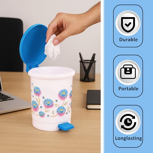 Image of Kuber Industries 2.5 Ltr Plastic Pedal Dustbin | Trash Waste Bin for Study Room, Bed Room, Wash Room & Office Use | Dustbins & Garbage Bin for Kitchen & Home | Flower - Blue