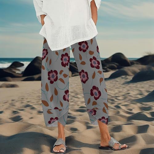 Womens Cotton Linen Capri Pants Floral Print Elastic Waist Baggy Palazzo Trousers with Pockets2