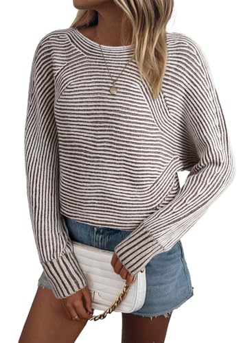EVALESS Striped Sweaters for Women Boat Neck Batwing Sleeve Oversized Pullover Sweater Tops Womens Fall Clothes Outfits