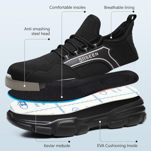 Image of Hogent Steel Toe Shoes for Men Women, Puncture Resistant Work Shoes, Lightweight Breathable Slip On Safety Sneakers Ideal for Construction Warehouse Manufacturing