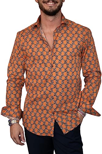 Chemise fantaisie Chaînes orange haut de gamme en pur coton Illogico