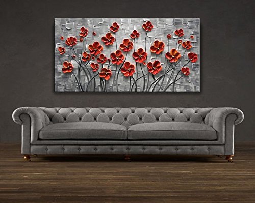 YaSheng Art - Hand painted 3D Oil Paintings On Canvas Red Flowers Paintings Modern Home Decor Abstract Artwork Canvas Wall Art Paintings,Stretched and Framed Ready to Hang 24x48inch
