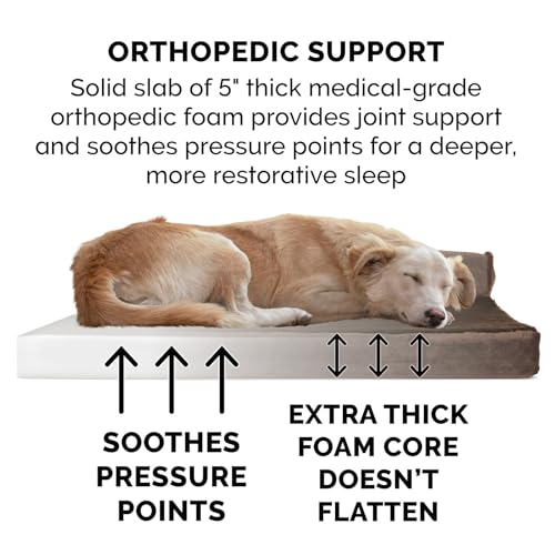 Image of FurHaven Orthopedic Dog Bed & goDog Toy - Squeaky Plush Fat Rooseter with Chew Guard Technology for Large Dogs - Plush & Velvet L Shaped Chaise - Sable Brown, Jumbo Plus /XXL