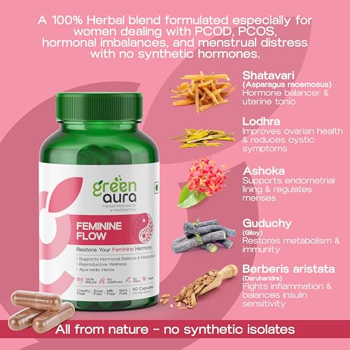 Image of Green Aura FeminineFlow PCOS Supplement for Women | Hormonal Balance & Irregular Period Support | Herbal Blend with Shatavari, Lodhra, Ashoka, Giloy | Natural PCOD Relief | 60 Vegan Capsules