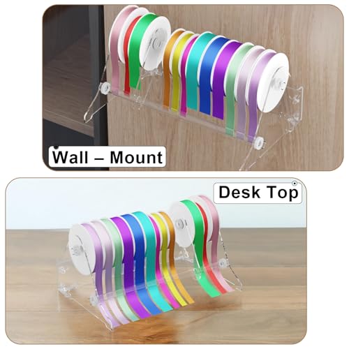 Image of Homakover Acrylic Ribbon Storage Organizer, Wall Mounted or Desk Top, 2-Layer Art Ribbon Dispenser, Holds Large Sizes, Ideal for Craft Room, Flower Shop Wrapping Paper
