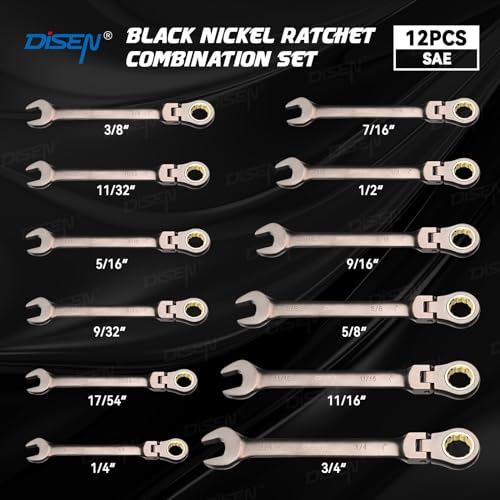 Image of DISEN 12 Pcs Flex Head Ratcheting Wrench Set 90 Teeth, Combination Ratchet Wrenches Set SAE1 /4 to 3 /4 inch, Cr-V Steel, 12-Point, Nickel Plating with Organizer Rack Visit the Store