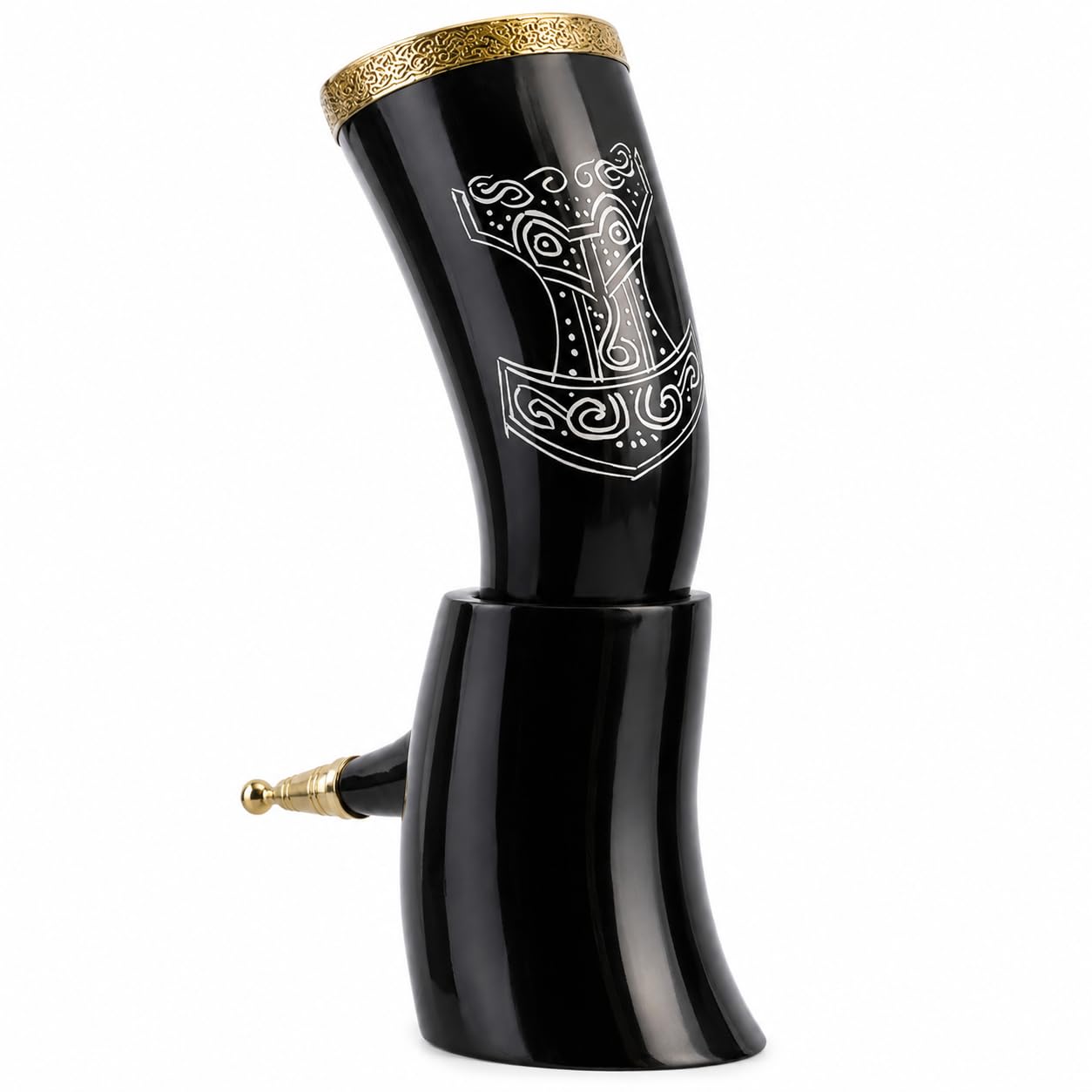 Nautical Replica Hub Corno vichingo da 30,5 cm, con supporto in corno e bordo in ottone bicchiere da birra fatto a mano, per uso alimentare, unico corno di bue con incisione Thor, 1 pezzo