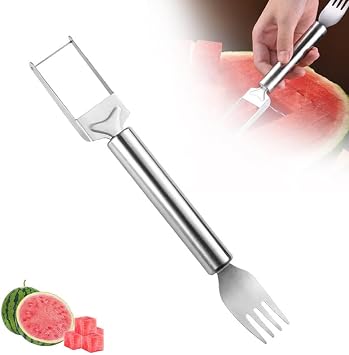 Kruggo Upgraded 2-in-1 Stainless Steel Fruit Cutter, 2024 New Watermelon Fork Slicer Cutter Slicer Tool, Dual Head Fruit Forks Slicer Knife with Round Handle 1 PCS