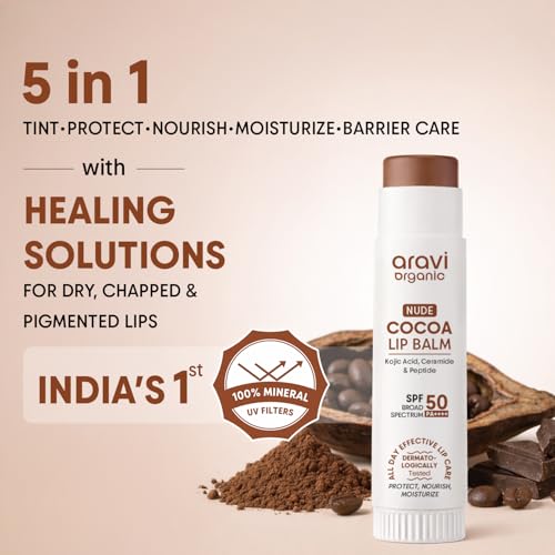 Image of Aravi Organic Nude Cocoa Lip Balm SPF 50 PA++++ | Lip Balm for Dark, Dry & Pigmented Lips | Kojic Acid, Ceramide & Peptide | Brightening, Hydrating & Sun Protection Lip Balm for Women & Men - 5g
