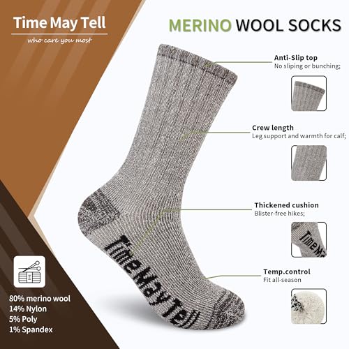 Image of Time May Tell Mens Merino Wool Hiking Cushion Socks Thermal Warm Crew Winter Boot Socks Pack (2 /4 Pair,6-13 Size)