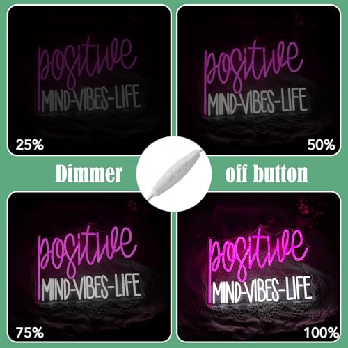 Image of Positive Mind Vibes Life Neon Sign Pink White LED Neon Light for Wall Decor Dimmable Positive Light Up Sign for Classroon Office Girls Living Room Home Bar Club Salon (16.5''*12.6'')