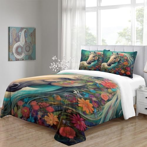 Housse de couette 3D chevaux avec fermeture éclair pour lit double 3 pièces