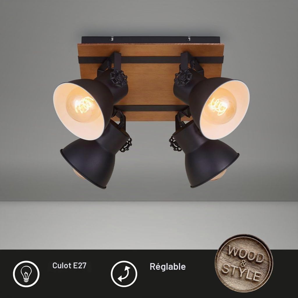 Briloner - Plafonnier rétro avec 4 spots en bois style vintage E27 max. 40 W avec abat-jour réglable en bois Noir/blanc