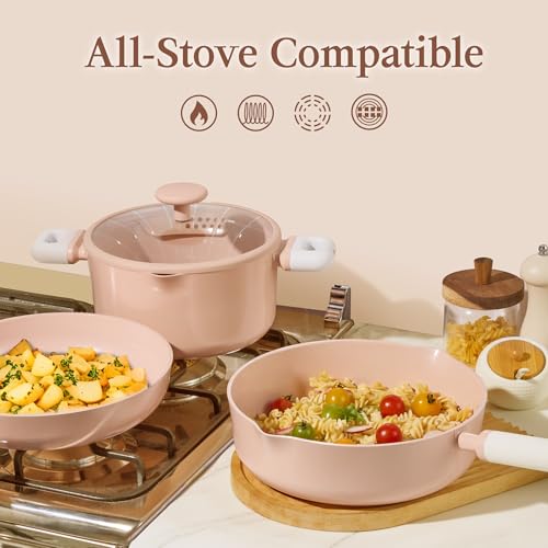 Image of CAROTE Pots and Pans Set Nonstick, Ceramic Cookware Set, Pink Cooking Set Kitchen Induction Set with Steamer, PFAS PTFE Free,9 Piece