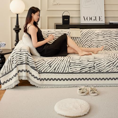 ROOMLIFE Thicked Striped Couch Cover with Tassel Black Chenille Sofa Cover Blanket for Sectional Sofa, Soft Sofa Slipcovers for L Shaped Love Seat 2-3 Cushion Couch Anti Slip Sofa Protector, 71"x150"