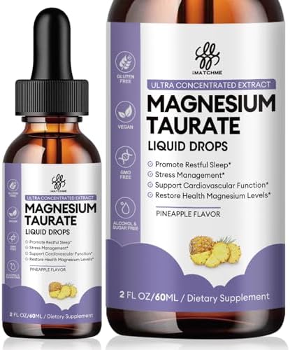 Magnesium Taurate Liquid Drop for Muscle Function, Nerve and Heart Health Support, High Absorption Magnesium Supplement with B6, CoQ10, Vegan, Non-GMO, Gluten/Sugar Free Pineapple Flavor, 2 Fl Oz