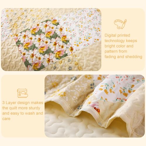 Exclusivo Mezcla Reversible Boho Quilt Set King Size, 3 Pieces Patchwork Yellow All Season Bedspreads, Ultra Soft Floral Coverlet Bedding Set with Printed Pattern (1 Quilt, 2 Pillow Shams)