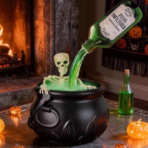 LONGDI Cauldron Halloween Decor with Magic Floating Potion Bottles and Diffuser Witch Bucket DIY Spooky Vintage Black Plastic Witches Candy Bowl for Halloween Table (+Skeleton props)