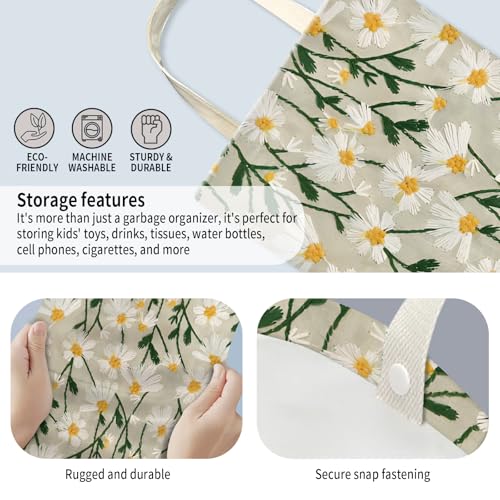 Image of Car Trash Can, Hanging Garbage Bin for Men and Women, Cute Car Organizer and Storage Bag, Canvas Vehicle Trash Can Bag Easy-to-Install Cute White Floral