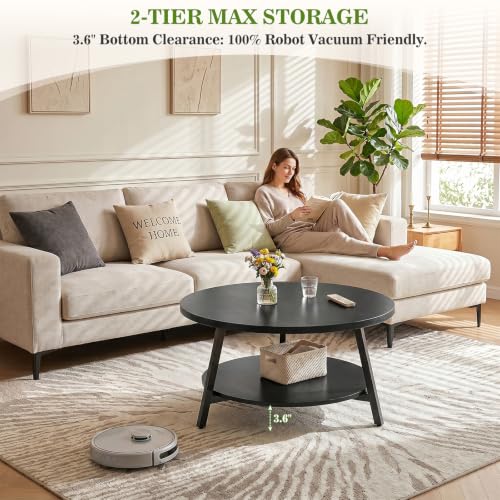 Image of Armocity 29.5 inch Round Wood Coffee Table with 2-Tier Storage, 1 inch Thick Top