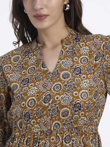 Image of Women's Fit and Flare Dress I Pure Cotton Long Summer Maxi Dress I V-Neck I Casual Wear I Printed Kalamkari Floral Middi