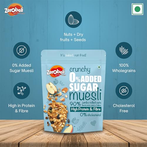 Image of Zerobeli Crunchy 0% Added Sugar Muesli 425g (Pack of 3) | 90% Wholegrains Rich in Flax Seeds, Sunflower Seeds and Raisins | Multigrain Breakfast Cereal | Diabetic Friendly and Helps in Manage Weight