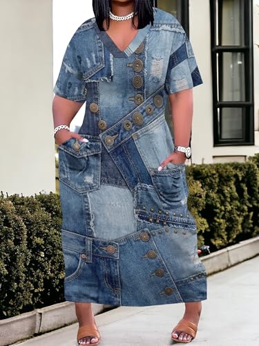 Image of SUZONANA Plus Size Denim Print Maxi Dresses for Women Casual V Neck Short Sleeve with Pockets Soft Jean Look Dress XL-6XL