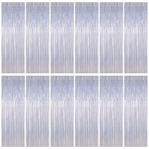 Image of ZATAYE 12 Pack Glitter Silver New Years Eve Foil Curtain Decorations | Glitter Silver, Metallic Foil, 3.28 x 7.05 FT, Tinsel Backdrop, Foil Curtain Streamer, New Years Eve Party