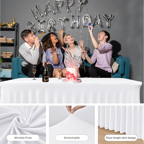 Image of HolidayIdeas White 4ft Spandex Tablecloth 2 Pack Fitted Stretch Rectangluar Table Skirts 24x48 Inch, Wrinkle-Free Floor Length Polyester Table Cover for Weddings Parties Banquets Events