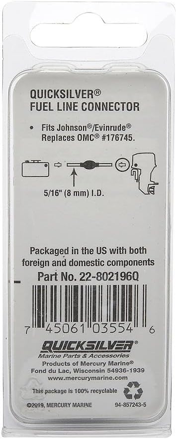 Quicksilver 802196Q Fuel Line Connector, 5/16" for Select Evinrude, Johnson and OMC Engines