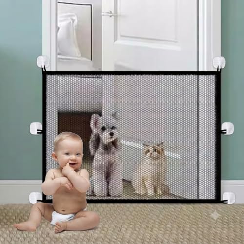 110x72cm Pet Mesh Gate No Drilling Portable Stair Fence Black Safety Guard Isolation Net Stair Barrier with Power Hook Cat Barrier for Hallway Indoor Playrooms(Suitable for small to medium-sized pets)