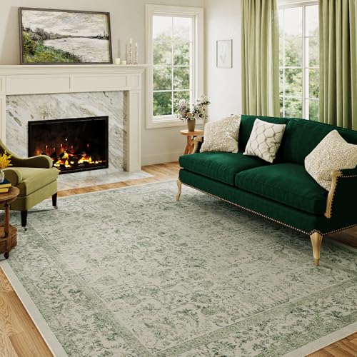 Sage Green Area Rug 3x5 Washable Office Entryway Carpet Vintage Distressed Non Slip Kitchen Indoor Entry Neutral Low Pile Retro Floral Farmhouse Throw Mat for Laundry Dining Room Bedroom