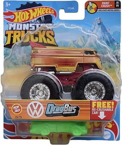 Hot Wheels Monster Trucks Drag Bus, Re-Crushable 29/75 1:64 Scale die cast