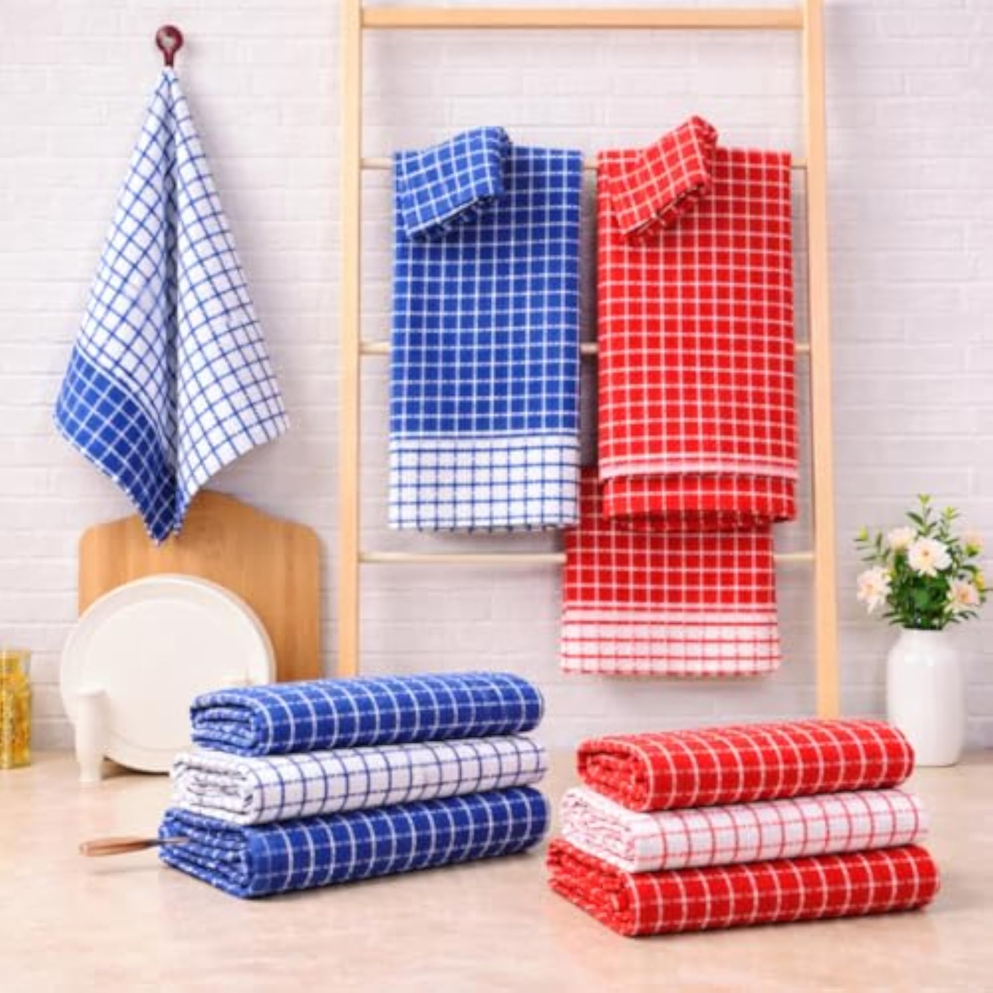 12-Pack Cotton Blend Kitchen Towels - Absorbent Checkered Dish Towels