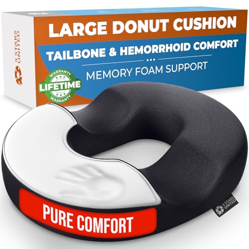 5 STARS UNITED Donut Pillow Hemorrhoid Tailbone Cushion – Large Cushion for Pain Relief – Coccyx, Prostate, Sciatica, Pelvic Floor, Pressure Sores, Pregnancy, Postpartum Recovery, Black