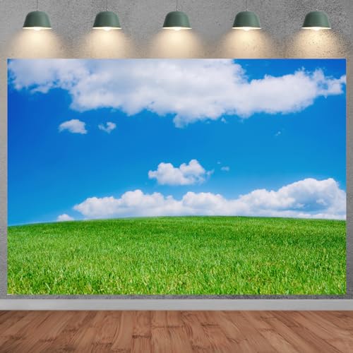 Fondo fotográfico verde 7x5 pies con nubes blancas y cielo azul miniatura 2