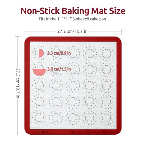 Image of 446ºF Heat Resistant Macaron Mat: U-Taste 11x11in Non Stick Silicone Baking Mat, Reusable Cookies Pastry Sheet Liner with Edge Enhancement & Circle Measurement for Square Cake Pan (2 PCS, Red)
