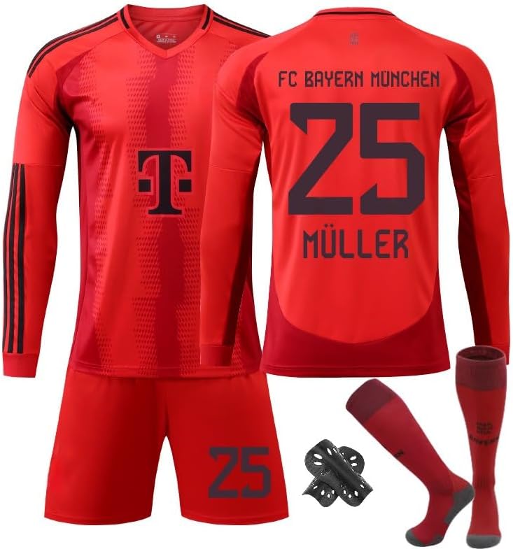 Bayern 2024/25 Season League Home Long Sleeve Jersey Set – Muller #25 – Boys, Teens & Men Football Uniform with Shorts & Socks, Breathable Soccer Shirt (22–3XL)