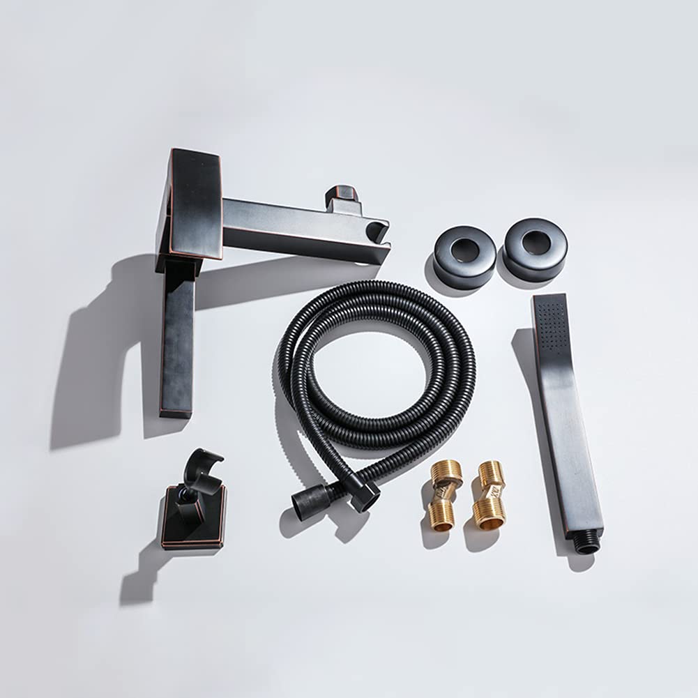 Moderno grifo de bañera montado en la pared con ducha de mano, grifo mezclador de latón, manguera de 150 cm, elegante acabado negro, ideal para mejorar el baño y experiencia de lujo de spa.