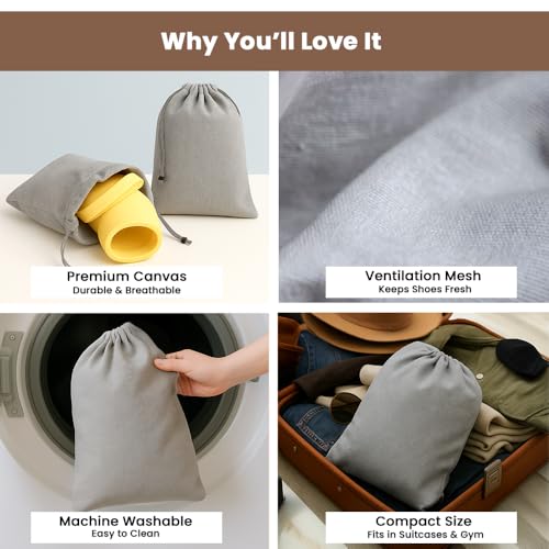 Image of LFH Cotton Rich Shoe Storage Bags with Drawstring, Dustproof Breathable Reusable Organizer, Perfect For Travel, Dorm, Hotel, College, Gym, Easy to Carry, Machine Washable 12 inchx17 inch (Pack of 4) - Grey