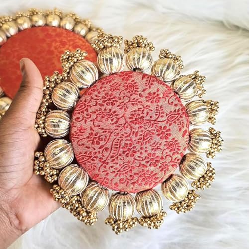 Image of SATYAM KRAFT 6 Pc Handmade Jhumki Platter (4 Inch) with Gota Patti & Golden Moti | Ganpati & Janmashtami Decoration, Festive Home Decor, Pooja Setup, Table Centerpiece & Gifting Item