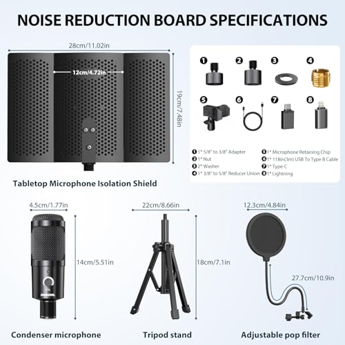 Riworal STUDIO RECORDING MICROPHONE ISOLATION Shield With Pop Filter &Tri-Stand Kit Music Recording Usb Condenser Mics To Laptop Pc Mac Phone Equipment thumb #6