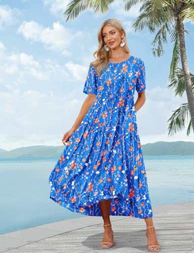 Image of YESNO Women Casual Loose Bohemian Floral Dress with Pockets Short Sleeve Long Maxi Summer Beach Swing Dress EJF